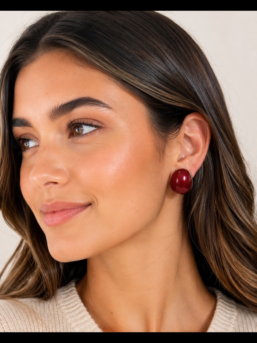 Vintage Burgundy Red Enamel Dome Stud Earrings Gold Tone Button Earrings Retro